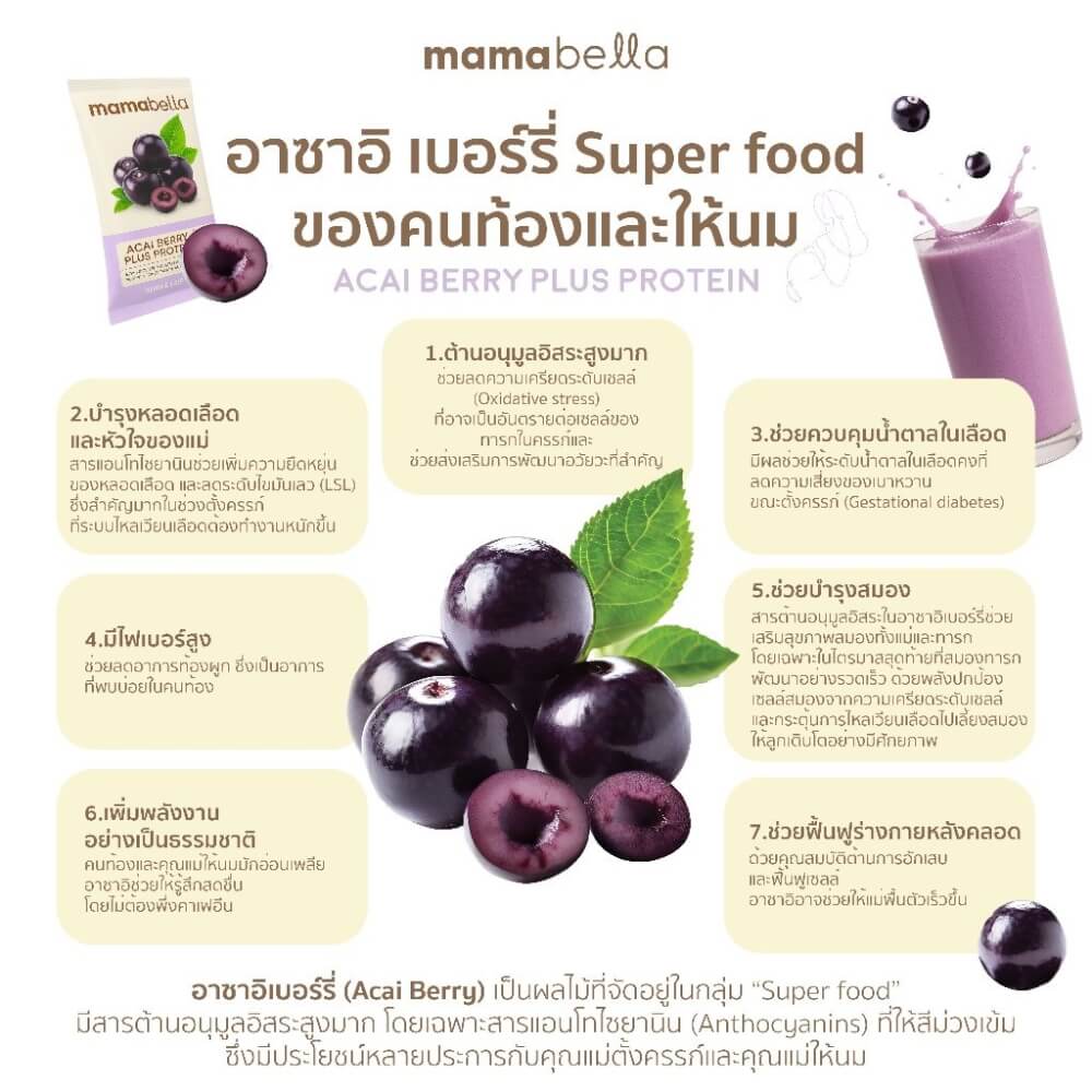 ผลิตภัณฑ์โปรตีนเสริมอาหารเพื่อบำรุงครรภ์ MAMABELLA รสอาซาอิเบอร์รี่ 20 กรัม/ซอง บรรจุ 10 ซอง (เพิ่มน้ำหนักให้ลูกในครรภ์)